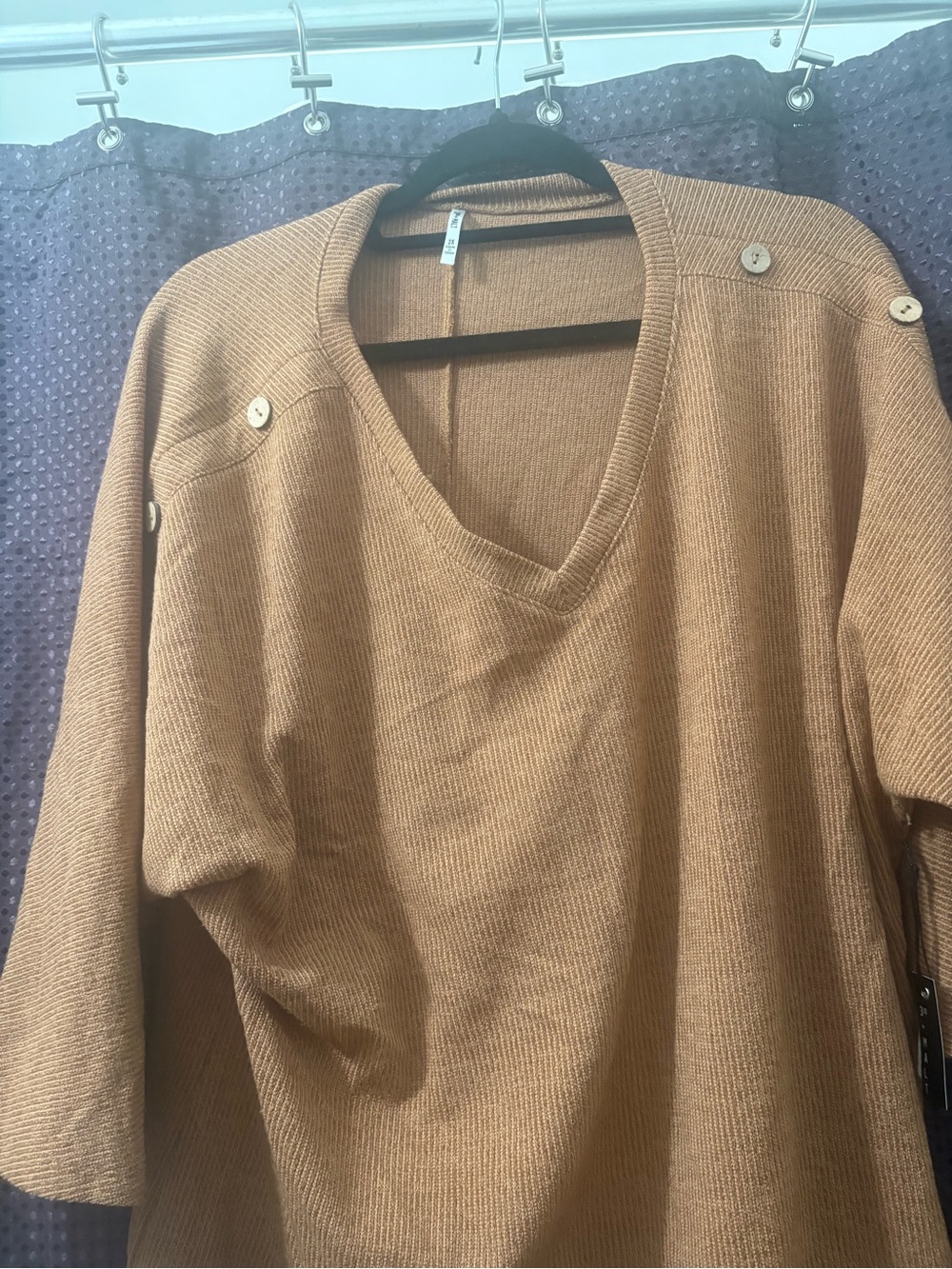 Relaxed V-Neck Button-Shoulder Sweater in Camel